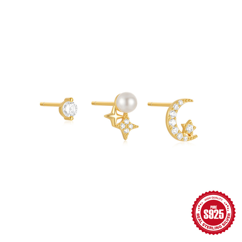 Nueva plata de ley s925, pequeña, fresca y romántica, estrella del bosque, luna, pendientes de estrella de cuatro puntas, pendientes simples de nicho femenino