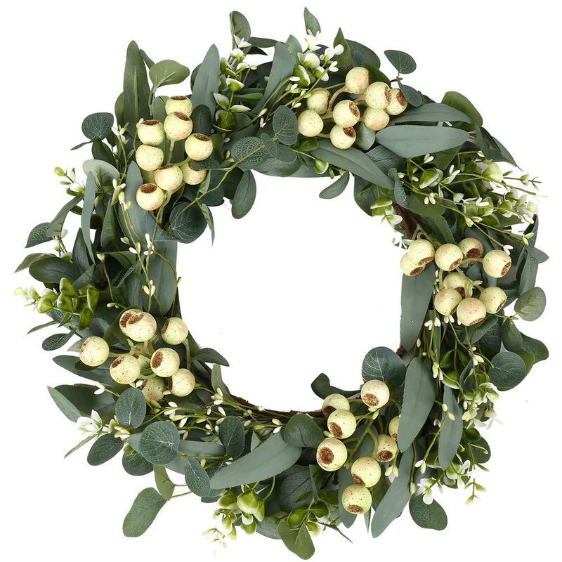 Green large berry garland artificial eucalyptus leaves Christmas wreath spring summer rattan front door wall window decoration