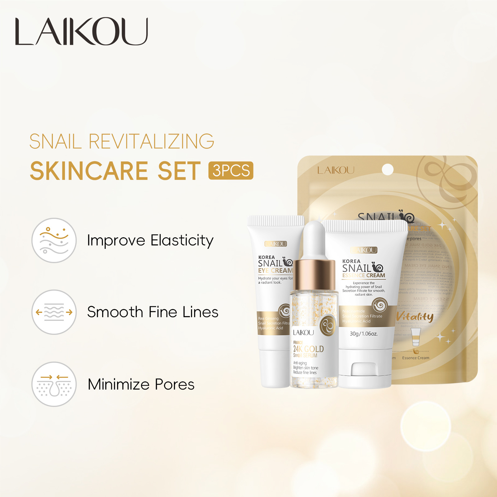 Fabricante en stock transfronterizo LAIKOU laicom Caracol brillo cuidado de la piel traje 3-pieza limpiador facial crema de ojos crema