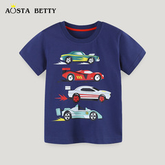 2024 Summer New Boys' T-Shirt Western Style Cartoon Car Print Sports Top Children's Round Neck Short Sleeve Shirt