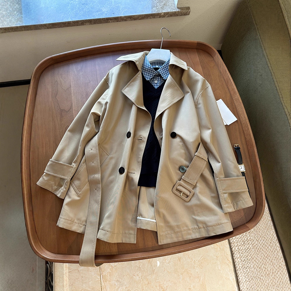 Stylish and High-Quality! Recommended Mixed-Blend Double-Breasted Belted Trench Coat for Women, Available for Wholesale