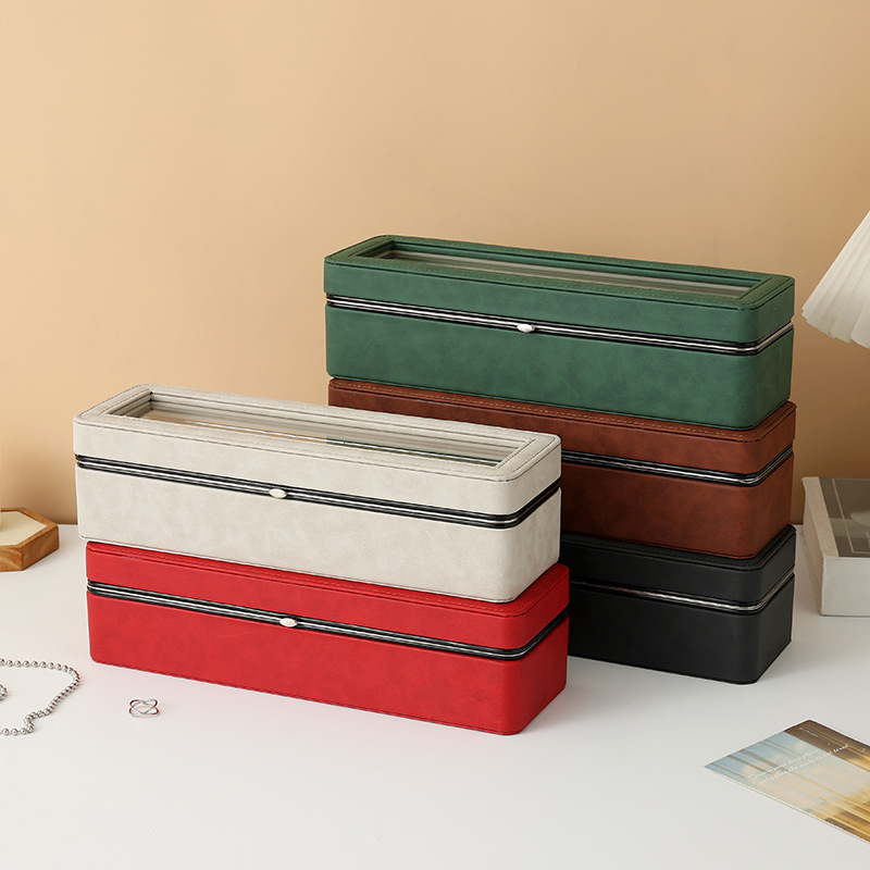 High-End Jewelry Watch Box Microfiber Leather Dark Green Six-Grids Silver Frame Metal Skylight Watch Box Leather Box Export Cross-Border