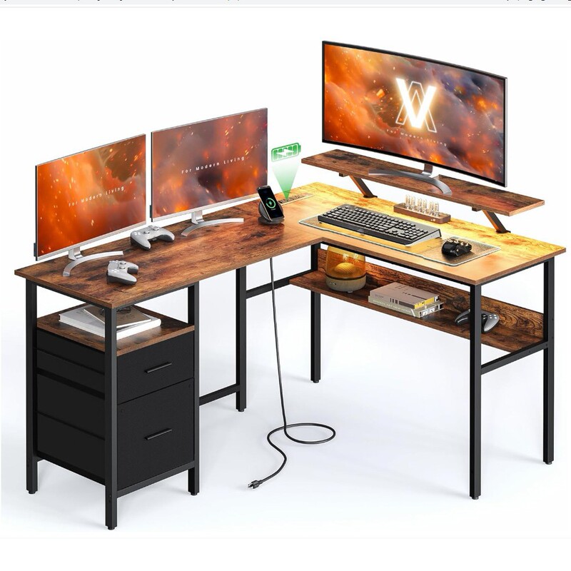 L Shape Desk with Power Outlets Computer Desk with Monitor Stand Corner Desk with Led Lights