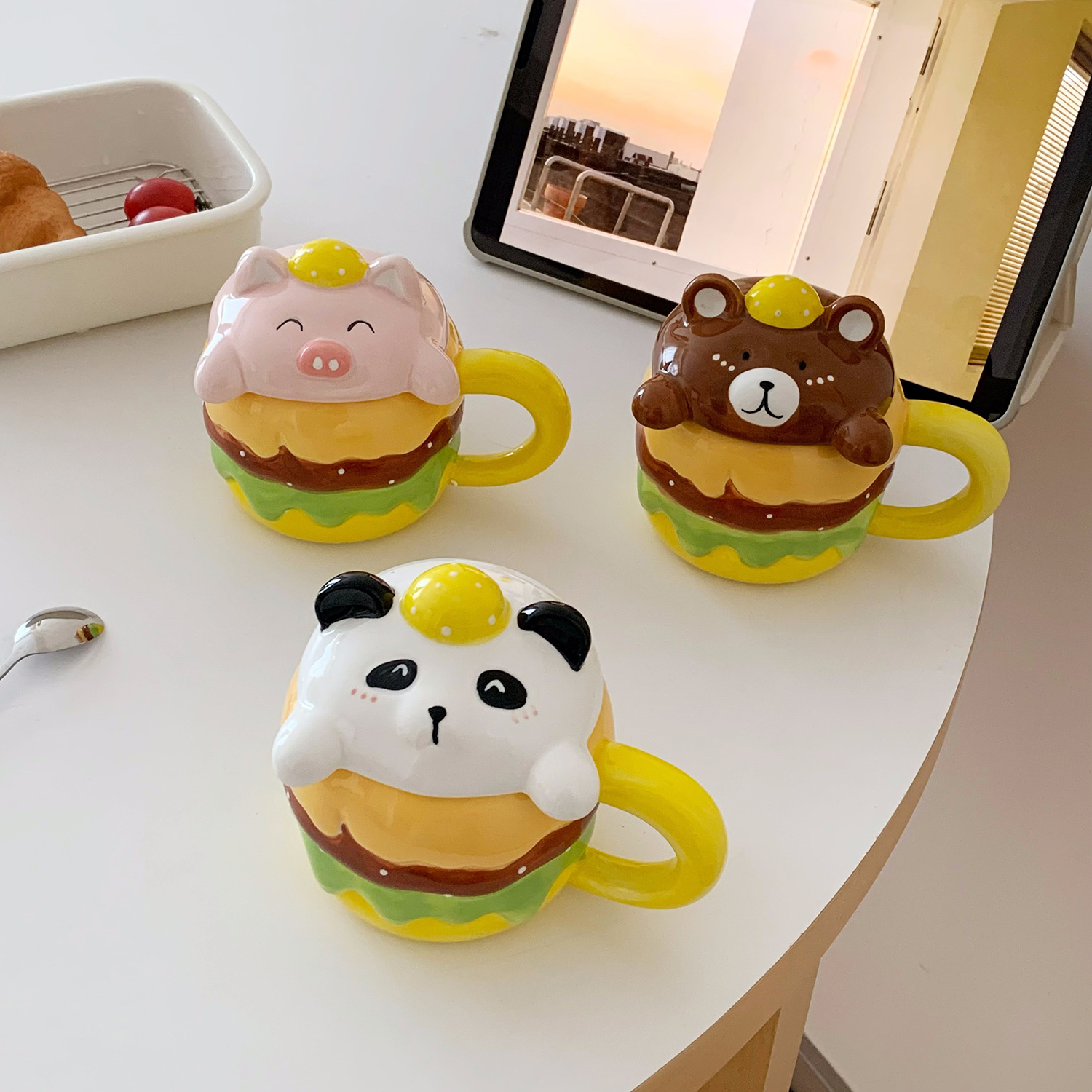 陶瓷杯子帶蓋可愛女生馬克杯高顏值漢堡水杯情侶大容量兒童早餐杯