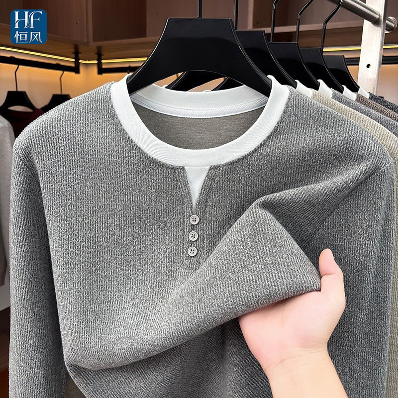 2026 Autumn Men's Henley Collar Faux Two-Piece Sweater, Color-Blocked, Thickened, Warm, Knitted Long-Sleeve T-Shirt 2026 Autumn Men's Henley Collar Faux Two-Piece Sweater, Color-Blocked, Thickened, Warm, Knitted Long-Sleeve T-Shirt
