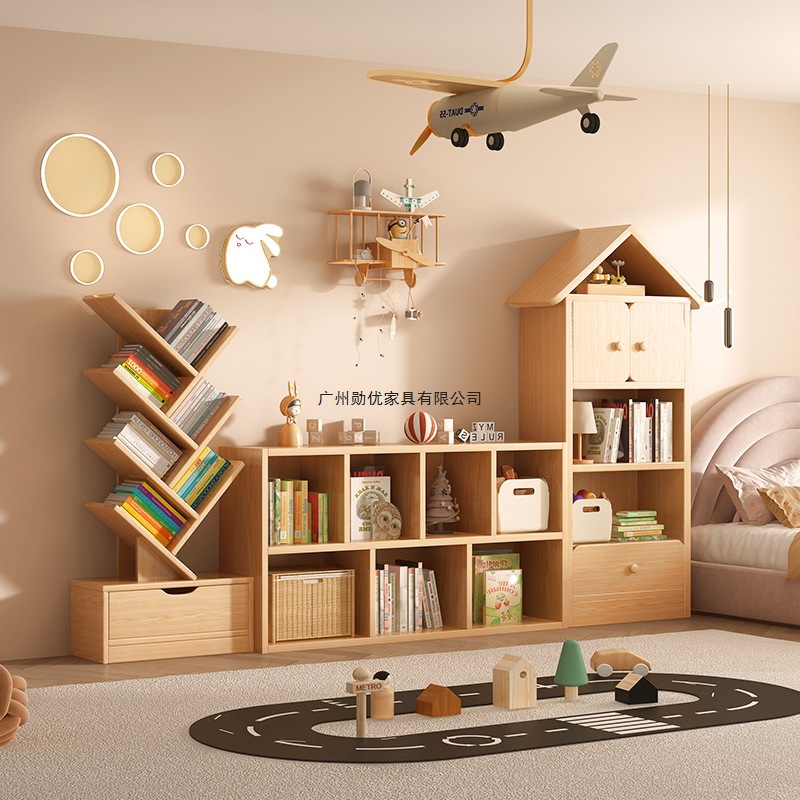 Solid Wood Bookshelf Floor-Standing Storage Rack Kindergarten Toy Storage Rack Free Combination Grids Cabinet Kidsren's Student Bookcase