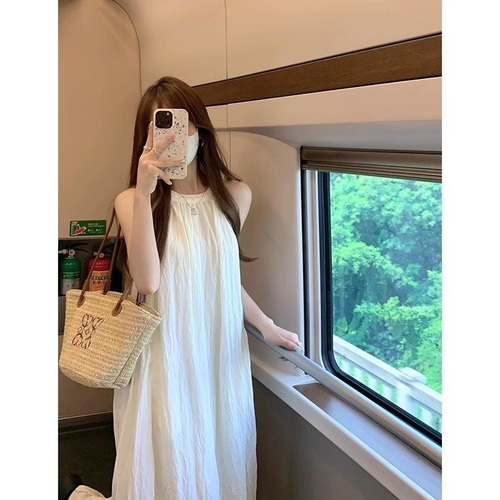 Sweet V-Neck Blouse Dress Fairy Summer 2025 New Pure Color Dress Sleeveless Elegant A-Line Long Dress
