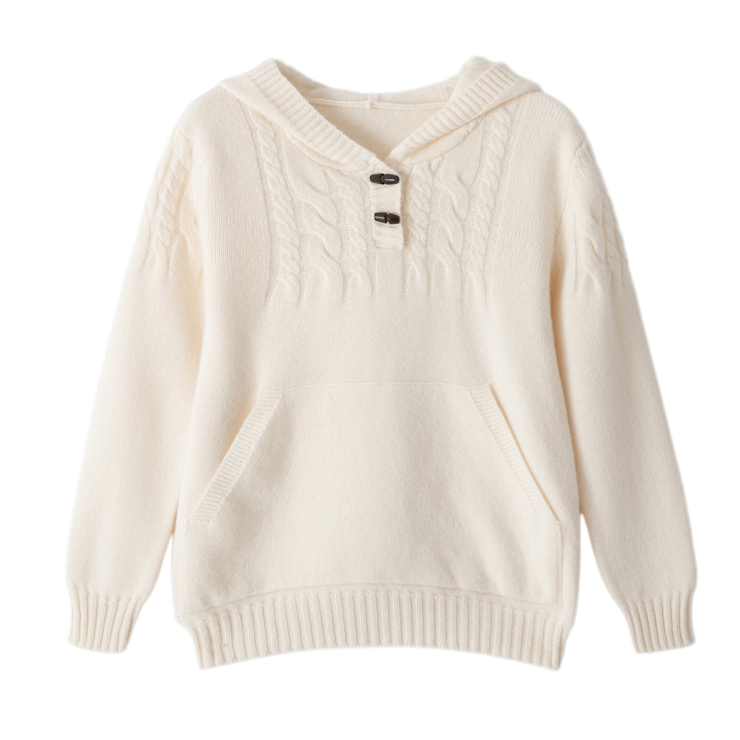 Children's off-white hooded duffle coat with cable knit, autumn and winter style, pocket style, pullover knit sweater for older children.