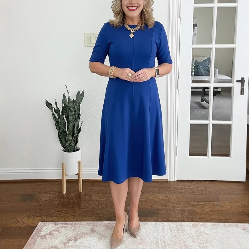 "2026 New Spring/Summer Short-Sleeve Slim-Fit Round-Neck Solid Color Dress, Elegant Women's Dress"_ecoleips.com