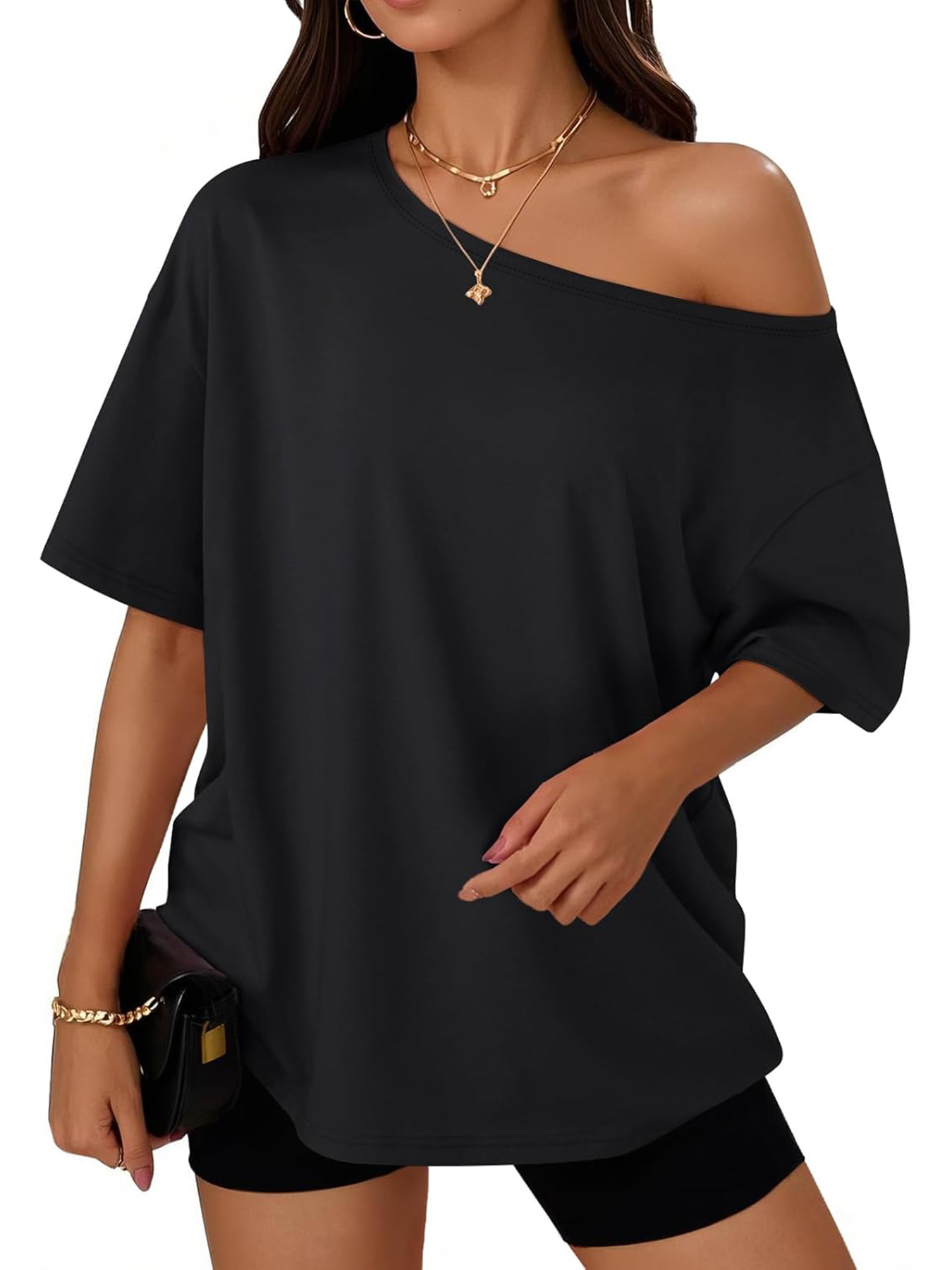 Women's Clothing Women's Y2K Loose Off-Shoulder Top Design Fashion T-Shirt For Formal & Casual For Women Solid Color_ecoleips.com