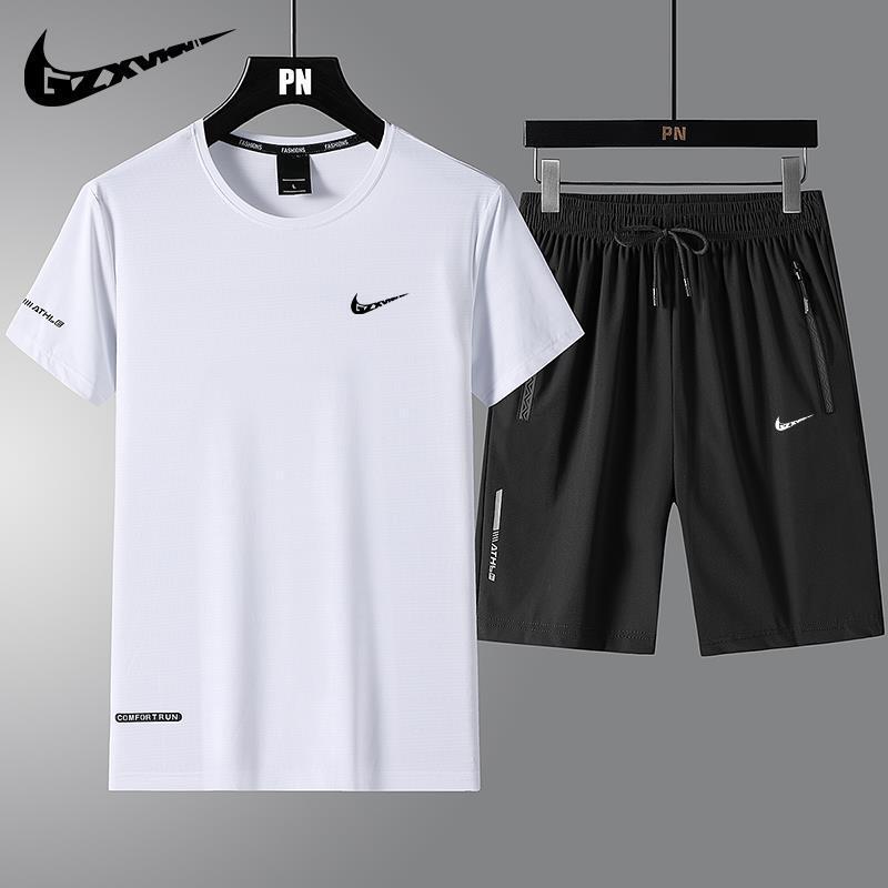 Fashionable Brand Casual Quick-Drying Ice Silk Suit Men's Short-Sleeved T-Shirt Summer Large Size Men's Casual Shorts Sports Two-Piece Set