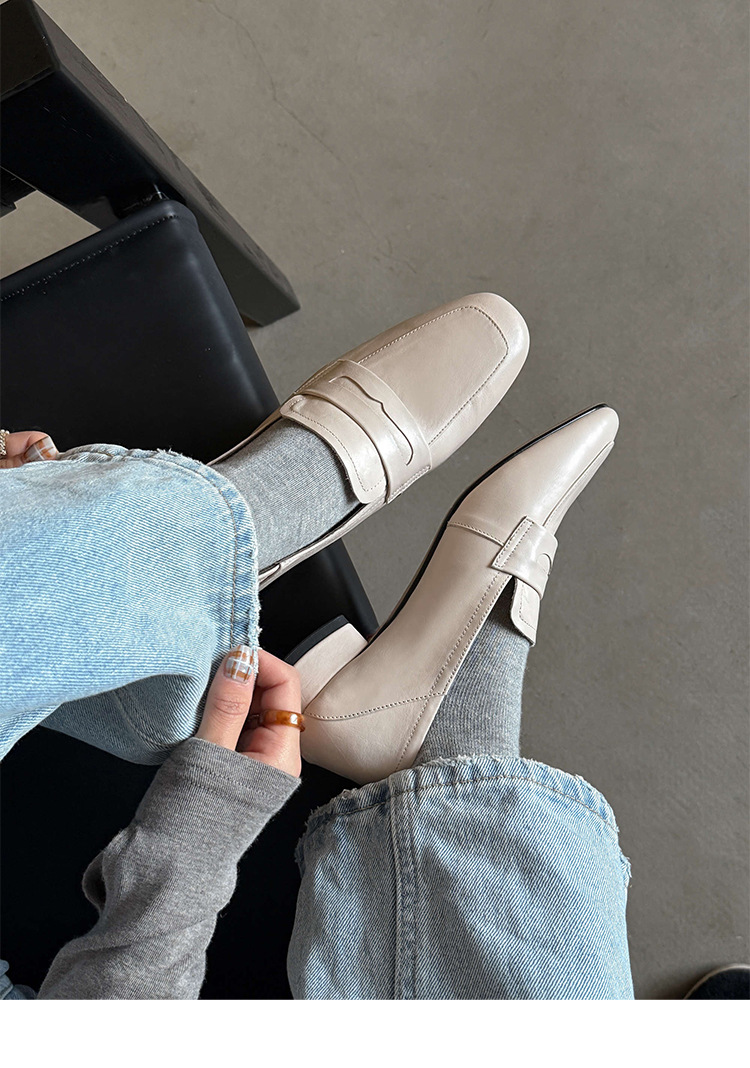 Giày loafer nữ mũi tròn da bò, gót vuông 2.5 cm phong cách Pháp — màu nâu chi tiết 12