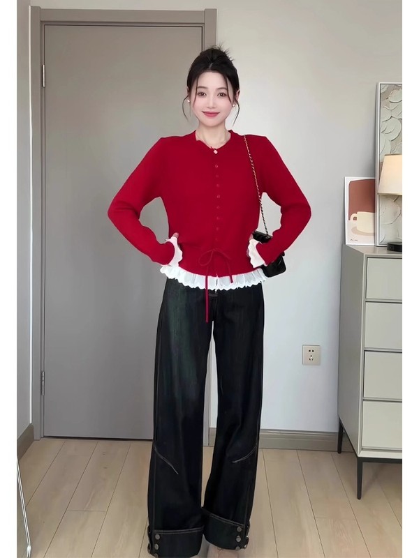 红色针织衫毛衣女秋季新款甜美风设计感荷叶边系带长袖打底衫上衣|undefined