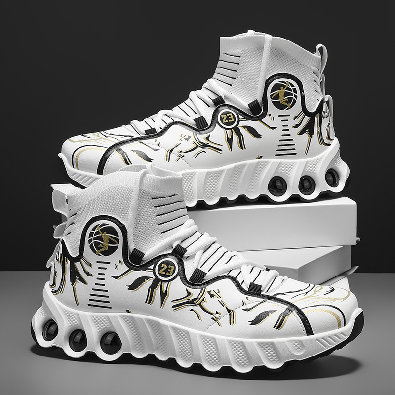 New Cross-Border Large Size Men's Basketball Shoes High-Top Fashion Versatile Breathable Trendy Printed Shock-Absorbing Air-Cushion Shoes New Cross-Border Large Size Men's Basketball Shoes High-Top Fashion Versatile Breathable Trendy Printed Shock-Absorbing Air-Cushion Shoes