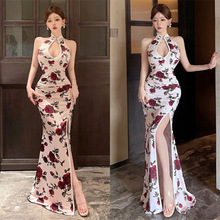 新中式年轻款改良旗袍连衣裙女夏季性感显瘦镂空露背开叉包臀长裙