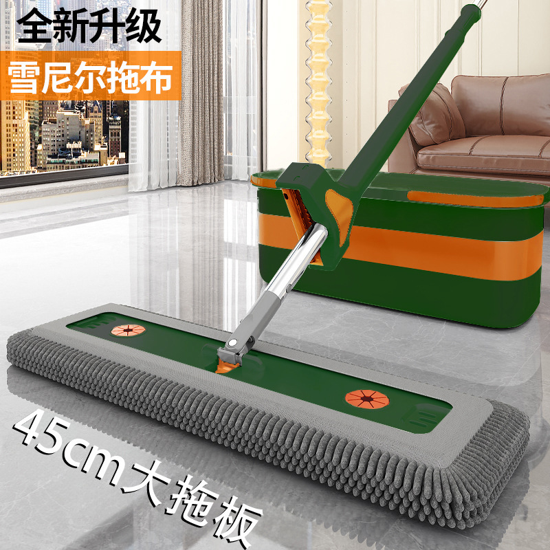 雪尼尔免手洗平板拖把加厚木地板干湿两用墩布大号带桶拖布一拖净|undefined