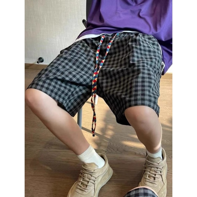 复古复古美式格子阔腿裤飘带慵懒休闲裤男夏季彩色薄款黑色现货