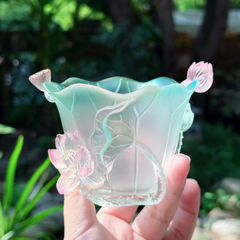 东魅荷气生才杯古法琉璃蓝色渐变莲花杯茶室桌面摆件礼品杭州景区|undefined