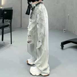 高街乞丐涂鸦直筒破洞牛仔裤女潮ins夏季薄款胖mm高腰宽松阔腿裤