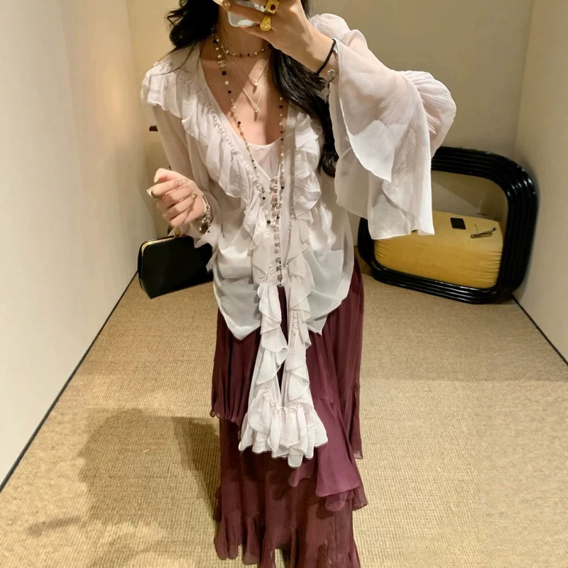 In Stock【Gentle Style】Water Pink Ruffled Lace Sheer See-Through Shirt with Tie Collar (with Undershirt) In Stock【Gentle Style】Water Pink Ruffled Lace Sheer See-Through Shirt with Tie Collar (with Undershirt)