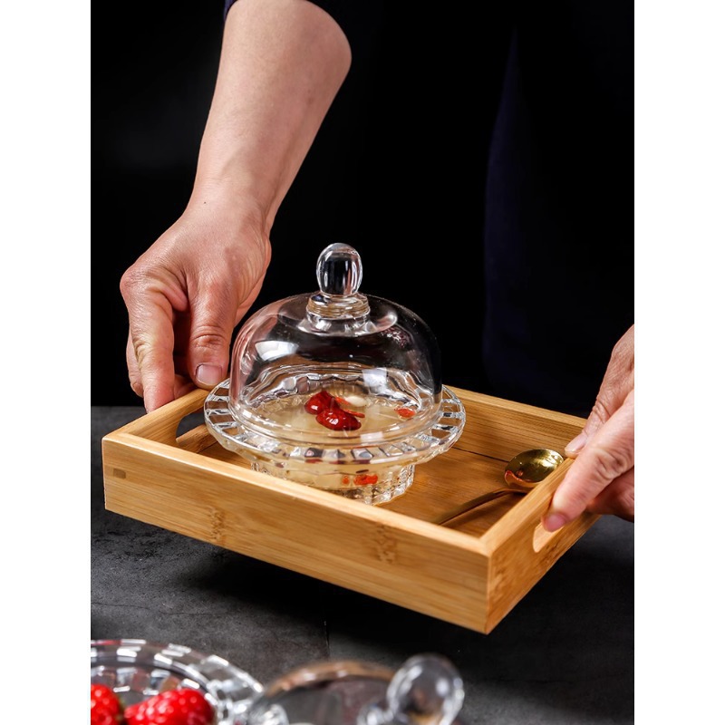 Tazón de postre de vidrio con tapa Tazón de nido de pájaro transparente Aperitivos de frutas Taza de dulces Pera de otoño Hongo blanco Taza de sopa pequeña Vajilla