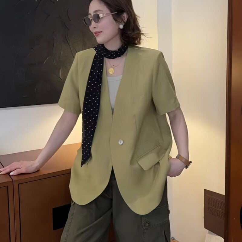 European Style Ribbon V-Neck Short-Sleeve Blazer for Women, 2026 Spring/Summer New Korean Version, High-End Slim-Fit Top