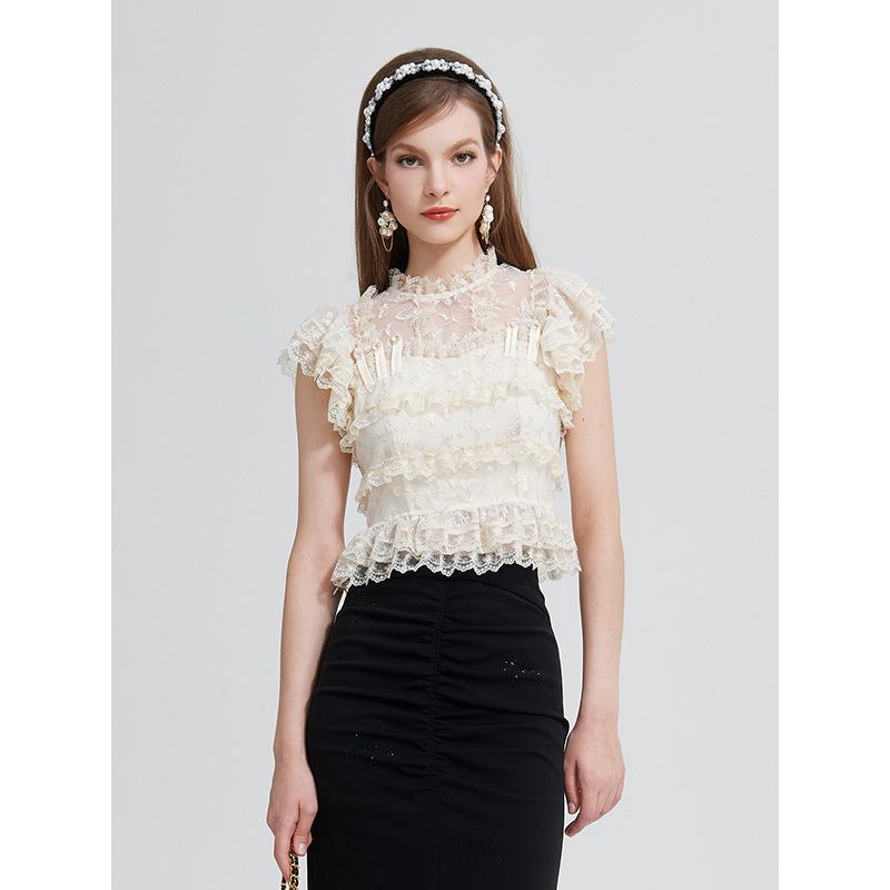 In Stock Gourcuff Women's French Style 2026 Spring New Sweet Girl Super Fairy Pure Desire Embroidered Lace Top
