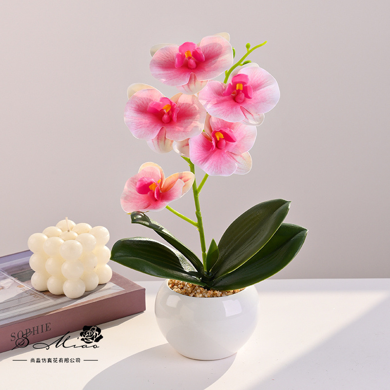Flor artificial con tacto real, pequeño bonsái de phalaenopsis, flor artificial, adorno decorativo elegante y creativo, planta verde artificial, planta artificial en maceta. image 5