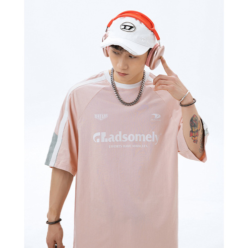 American casual patchwork drawstring letter print short sleeve T-shirt for men summer pure cotton loose half sleeve couple T-shirt q