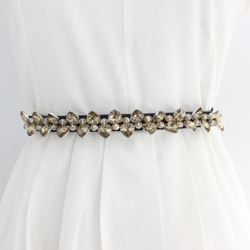 Snap elastic belt for women decorated with rhinestones and crystals for dresses, versatile elastic thin belt, black girdle