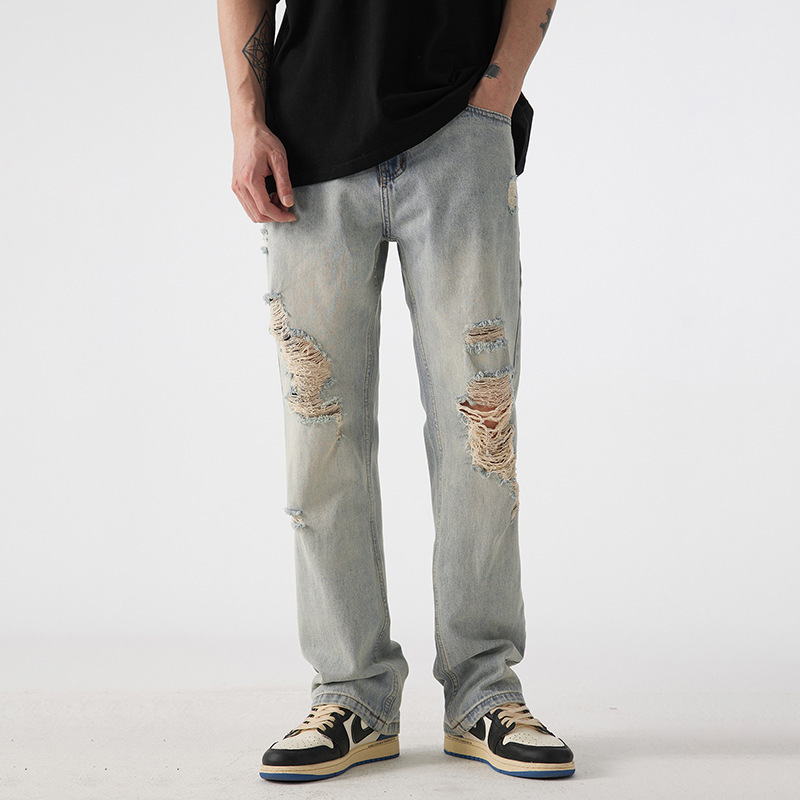 American High Street Style Washed Distressed Ripped Jeans for Men, Trendy Vibe Brand, Loose Straight-Leg Pants American High Street Style Washed Distressed Ripped Jeans for Men, Trendy Vibe Brand, Loose Straight-Leg Pants