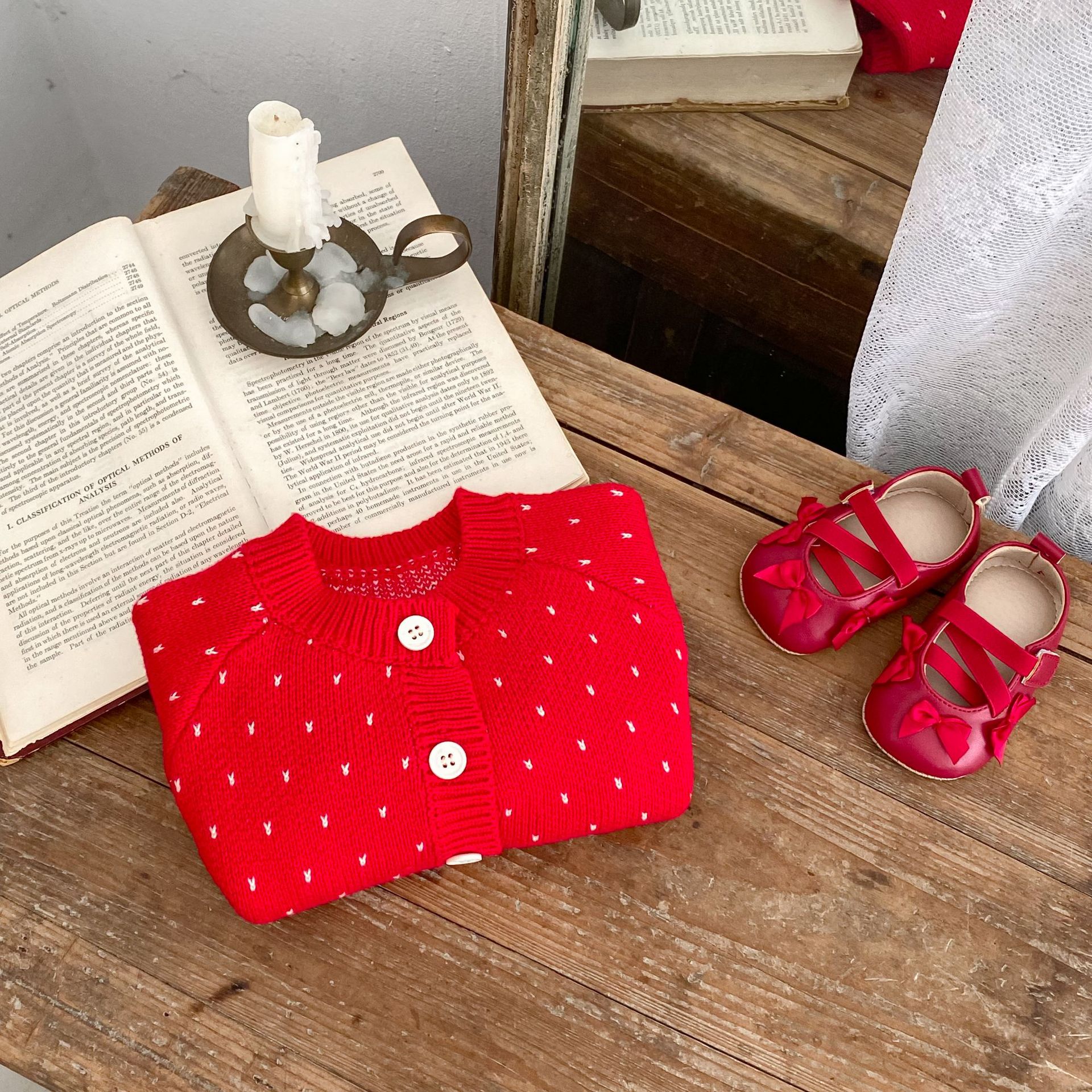 Autumn Children's Fashionable Sweet Baby Girl's Jacquard Red Knitted Coat Cardigan