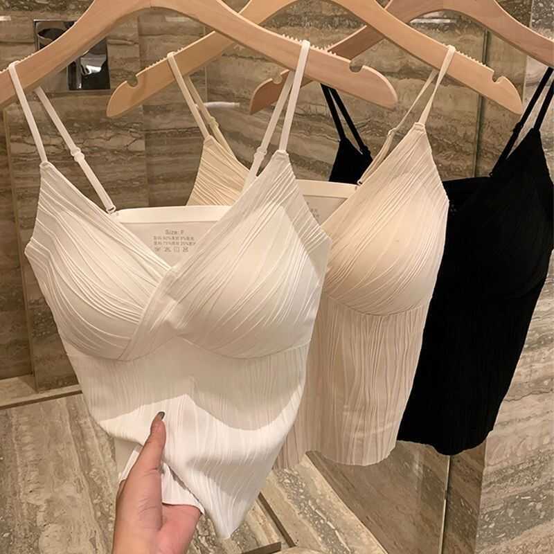 New French Style Water Ripple Sling with Breast Pads for Outer Wear and Inner Wear All-In-One Beautiful Back Bra Base Intimates Pleated Vest New French Style Water Ripple Sling with Breast Pads for Outer Wear and Inner Wear All-In-One Beautiful Back Bra Base Intimates Pleated Vest