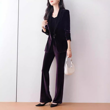 跨境高端气质女神范西装外套女春秋新款时尚金丝绒西服职业装套装