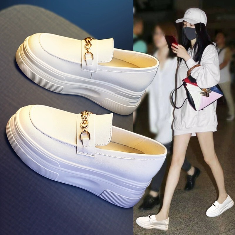 Women's thick-soled hidden height slip-on white shoes Summer 2024 Spring and Autumn new casual white loafers single-layer shoes