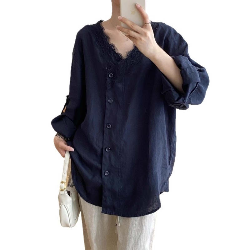 新品文艺慵懒风宽松休闲长袖花边V领亚麻衬衫外套女|undefined