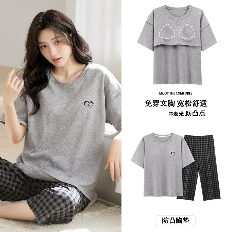 100% Pure Cotton Pajamas Women's Summer Short-sleeved Thin Wear-free Bra Anti-bump Casual Home Wear suit 100% Pure Cotton Pajamas Women's Summer Short-sleeved Thin Wear-free Bra Anti-bump Casual Home Wear suit