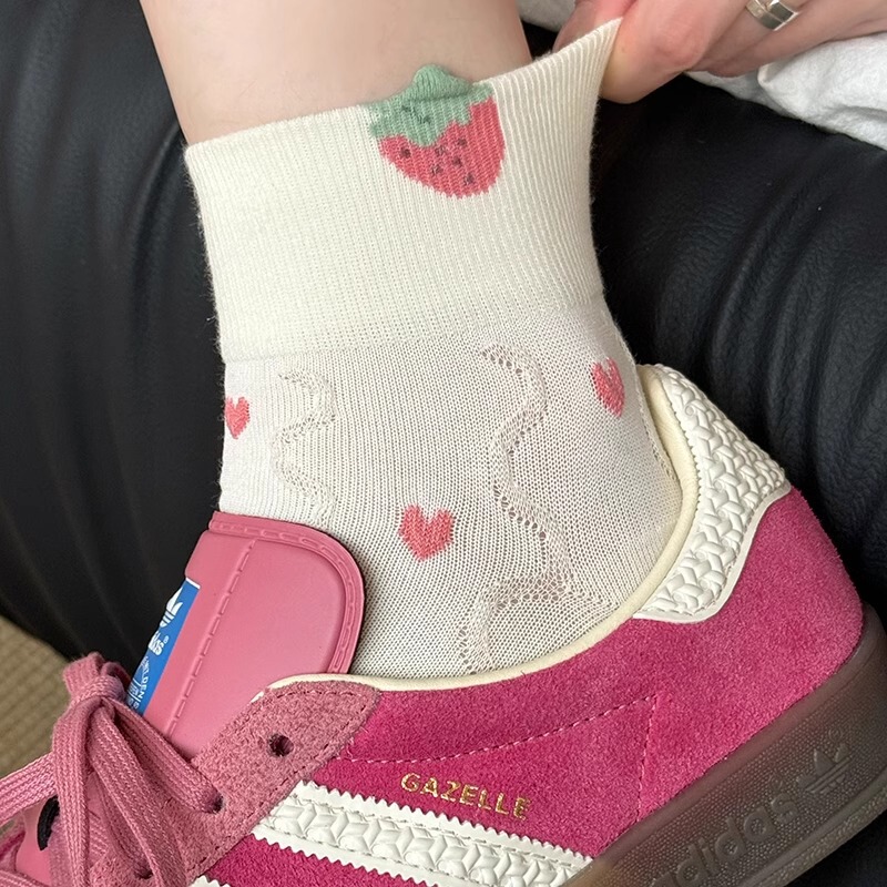White Strawberry Socks Women's Summer Thin Short Socks Cute Japanese Pure Cotton with German Training Shoes Short Socks Korean Style Summer