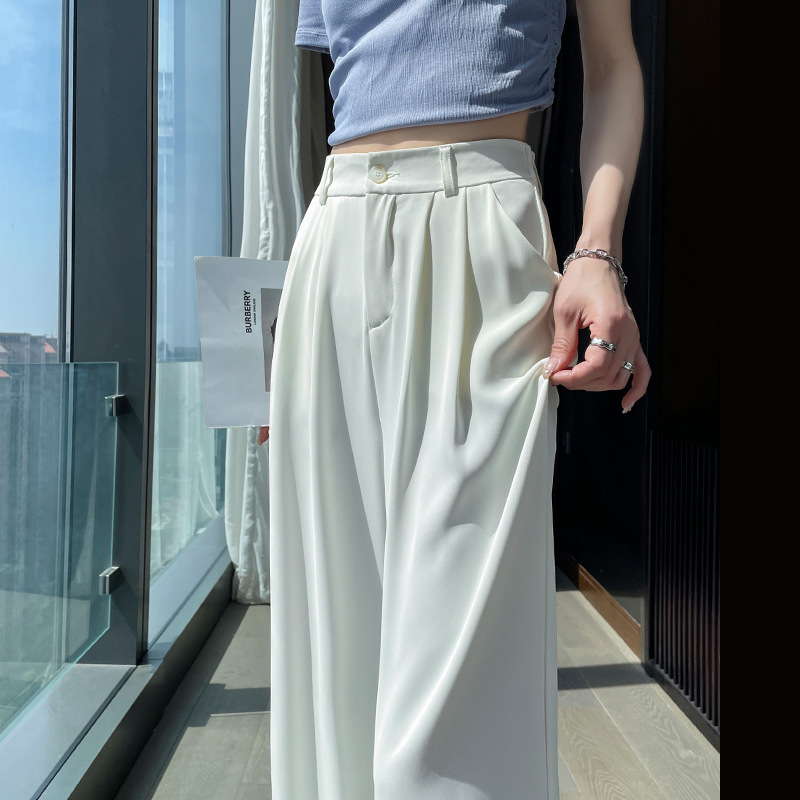 White Ice Silk Dress Pants Women's Summer Relaxation Wear Women's Clothing Small Lazy Dagging Narrow Wide-leg Pants
