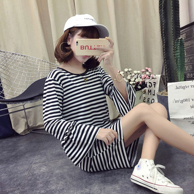 Wholesale 2022 summer striped long sleeve dress women's Korean slim fit slim horn sleeve long T-shirt women Wholesale 2022 summer striped long sleeve dress women's Korean slim fit slim horn sleeve long T-shirt women