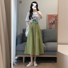 牛油果绿色a字半身裙女2025夏季薄款气质百搭高腰显瘦中长款裙子