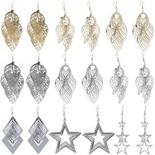 欧美跨境简约树叶镂空耳环 夸张创意多层五角星长款流苏耳坠批发
