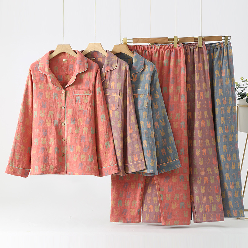 새로운 봄과 가을 면 더블 레이어 면사 자카드 여성 잠옷 겨울 난방 실 긴팔 아웃웨어 세트