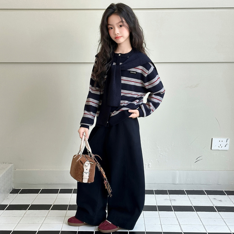 女童春秋季新款套装中大童条纹针织衫披肩休闲阔腿裤子潮范三件套|undefined
