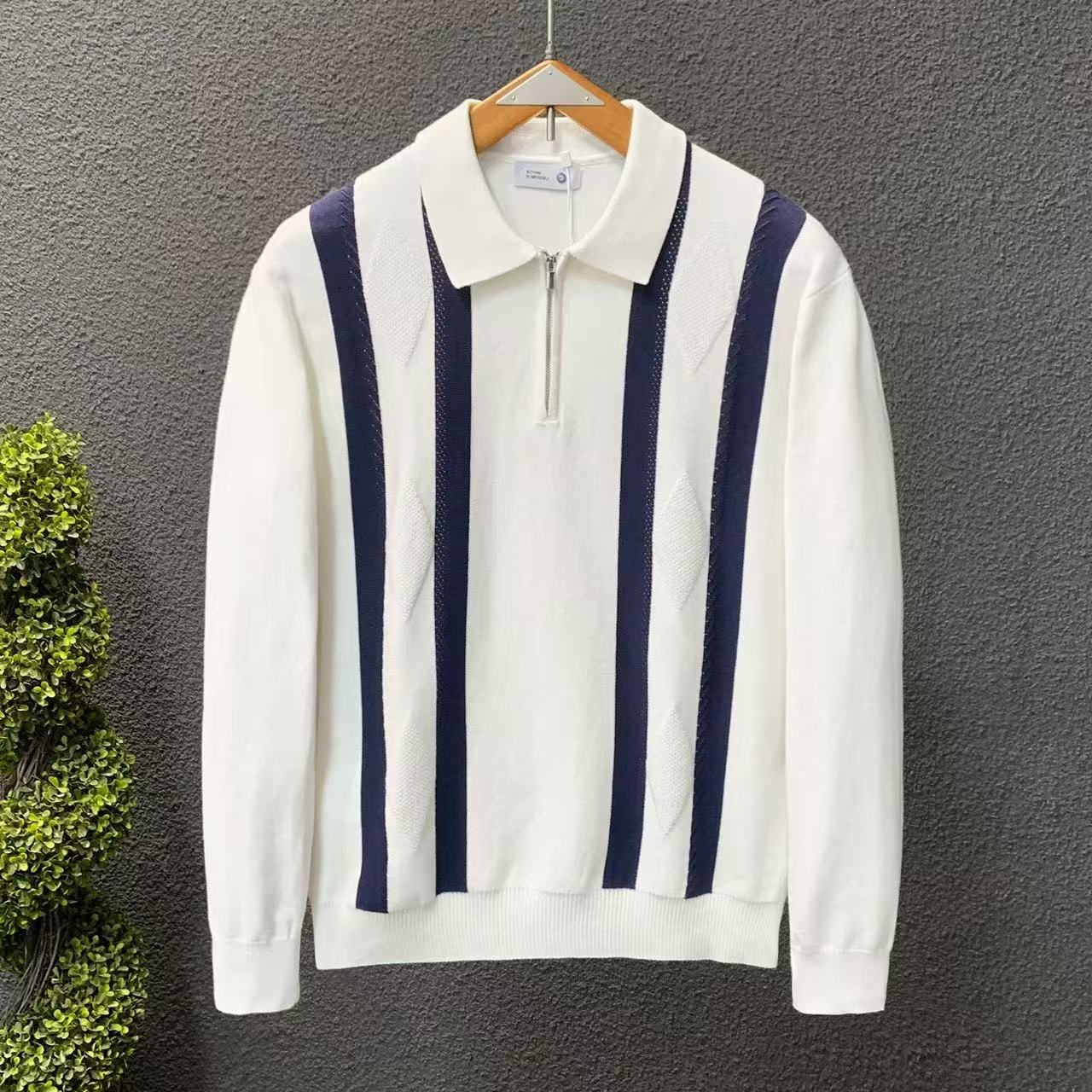 Men's Casual Lapel Knit Top Long Sleeve Fashionable Stripes Color Block Commuter Shirt For Mature Men_voghion.com