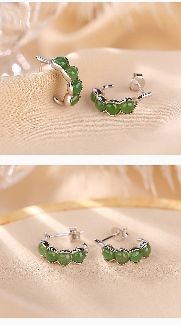 Bông tai nữ bạc S925 mạ vàng đính đá jasper hạt đậu phong cách trẻ trung — Kiểu mạ bạch kim chi tiết 5