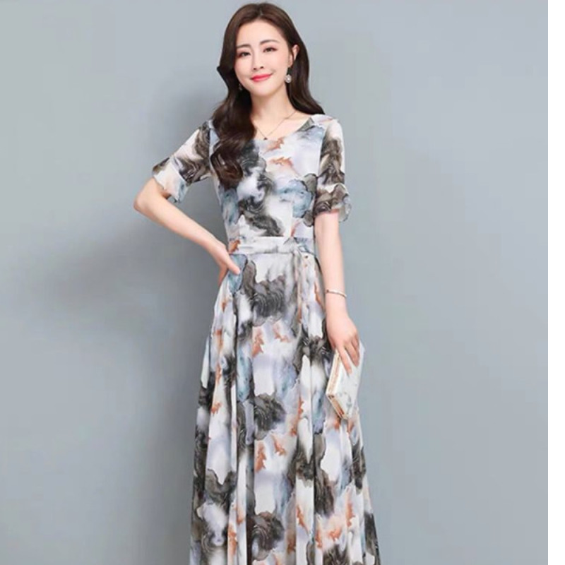 Floral Dress for Women, Summer 2026 New Style, Waist-Cinching, Fashionable, Long, Slimming, Flowing, Elegant, Plus-Size Long Dress for Moms