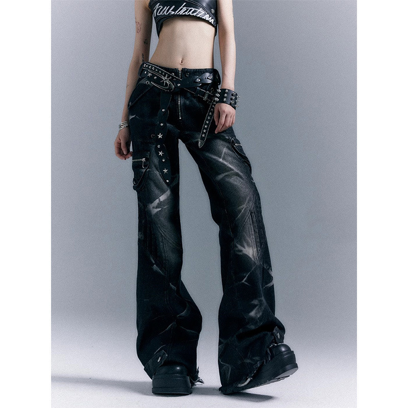 American-Style Street Fashion Low-Waist Studded Flared Jeans for Women, Vintage Slim-Fit Washed Punk Rock Pants