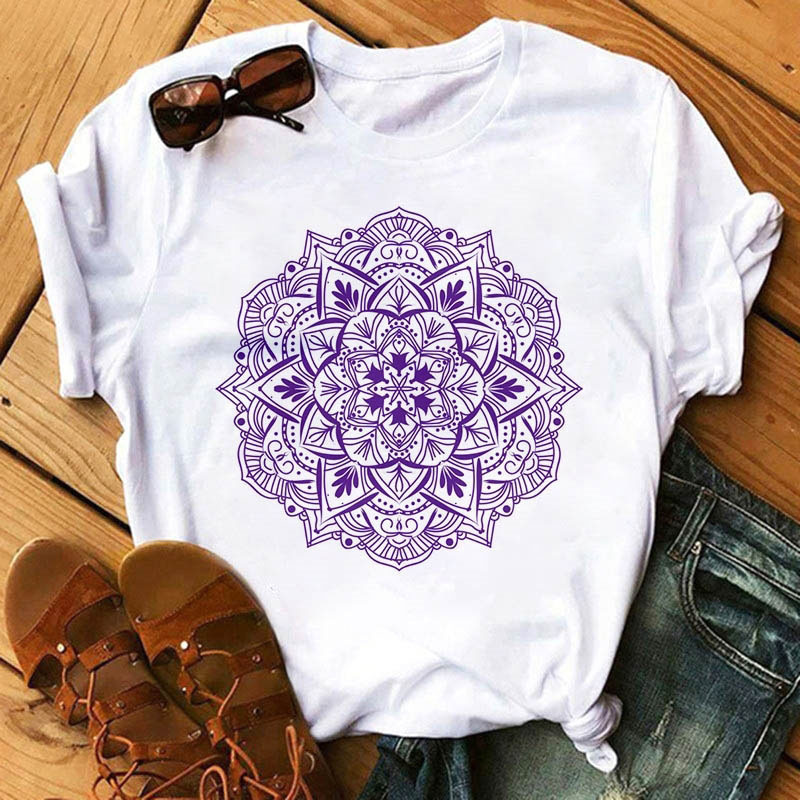 Mandala beautiful graphic printing round neck white T-shirt short sleeve women's foreign trade cross-border wish/ebay Amazon