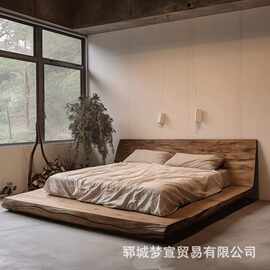 新中式老榆木榻榻米大床酒店民宿做旧落地床矮床实木单双人大床